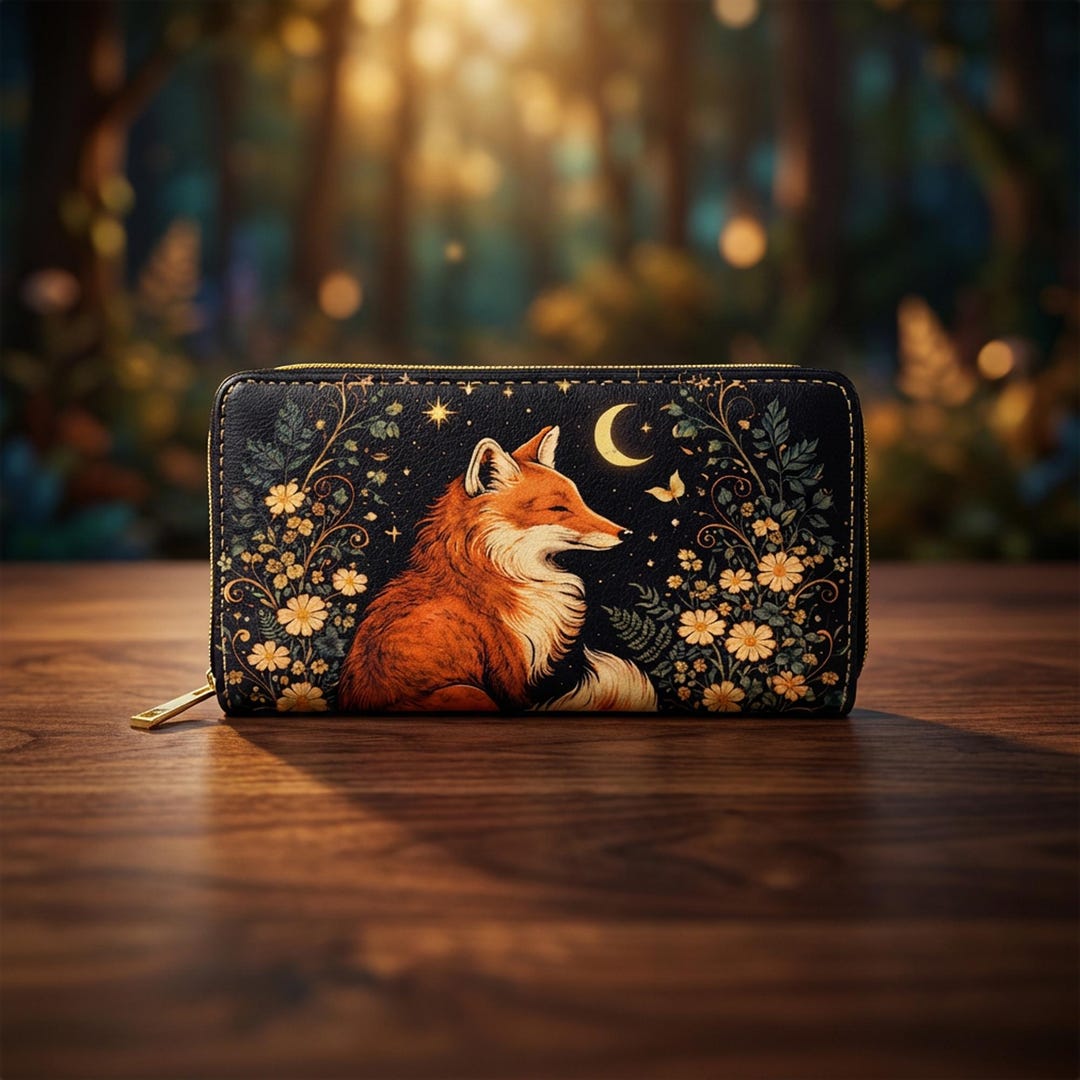 Retro Fox Moon Wallet, Cottagecore Floral Vegan Leather Long Wallet - Etsy