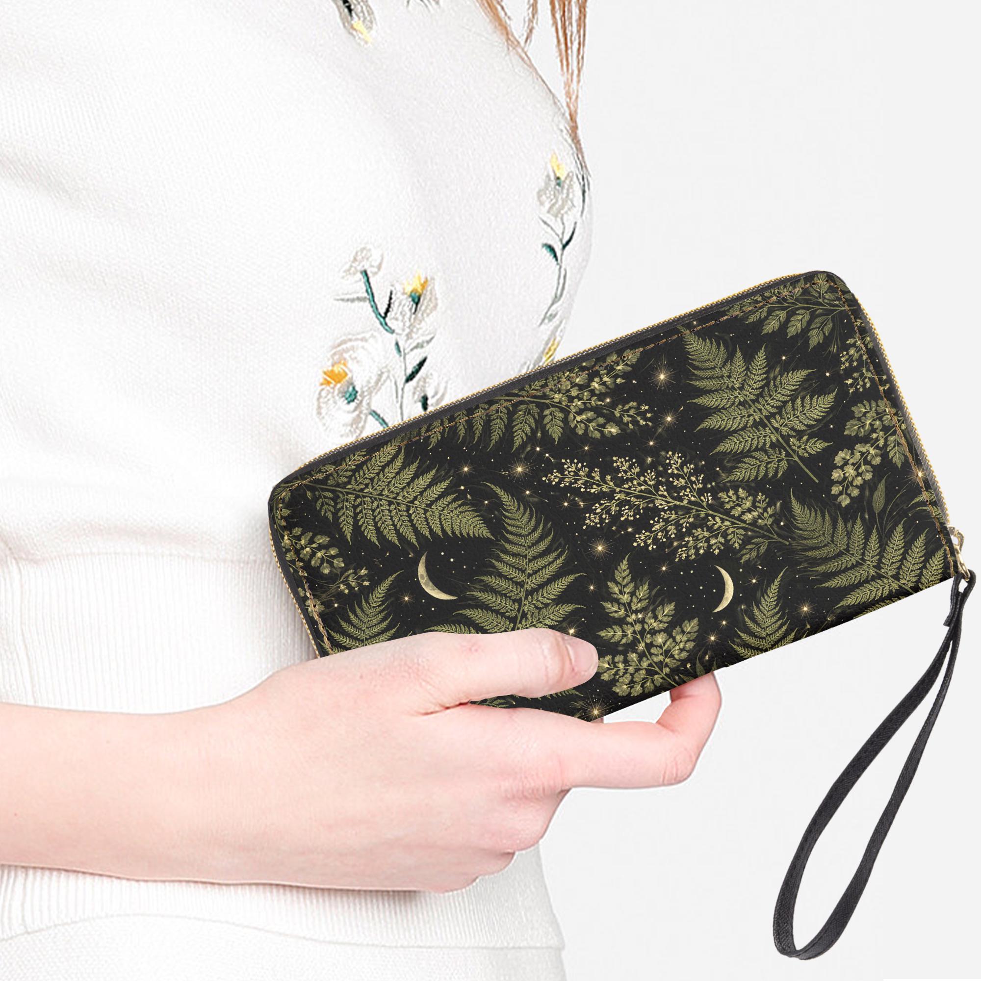 Fern Forest Moon Wallet, Dark Botanical Cottagecore Zip Purse