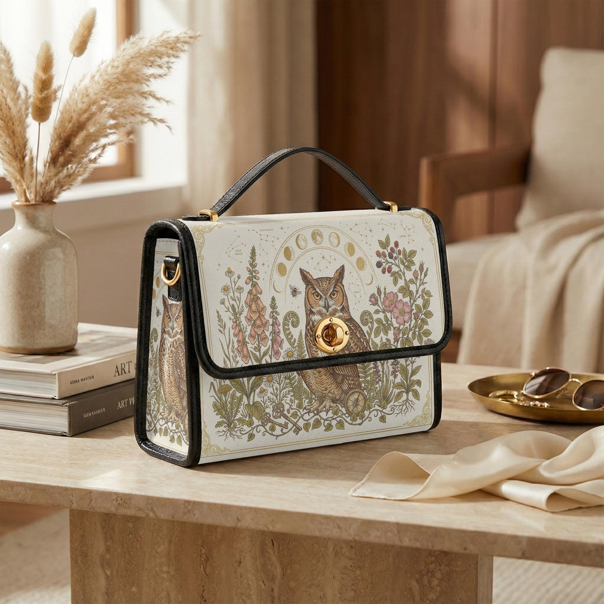 Ivory Woodland Owl Satchel Bag, Vintage Botanical Canvas Handbag, Moonlit Garden Crossbody Purse, Co