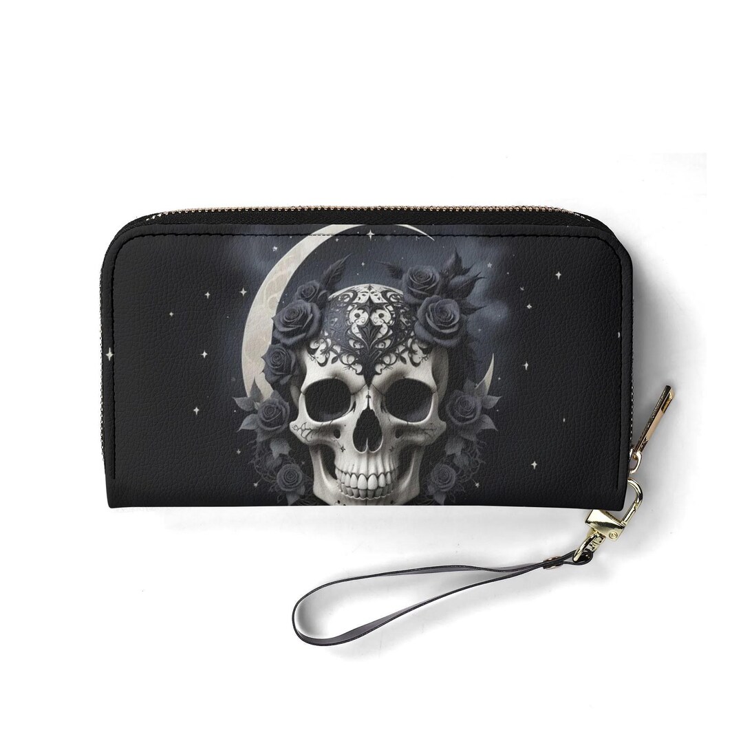 Black Rose Skull Vegan Leather Wallet: Zip Around, Multi Pocket - Etsy