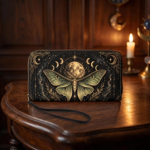 Luna Moth Cottagecore Wallet, Celestial Moon Phase Zipper Purse, Witchy Boho Gift for Her
