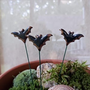 Flying Bat Plant Stakes: Polymer Clay Halloween Decor, Gift for Gardener