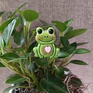 May include: A green frog figurine with a pink heart on its chest, sitting on a green metal stake. The frog is a plant stake for a potted plant.