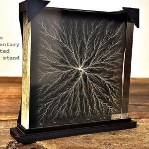 Puede incluir: Una pieza de exhibición rectangular negra y transparente con un patrón blanco en forma de rayo. La pantalla está sujeta por un soporte negro impreso en 3D. El texto "Includes complementary 3D printed display stand" es visible.