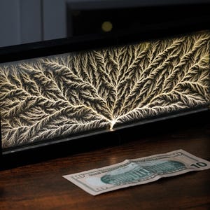 Può includere: Un'opera d'arte rettangolare con cornice nera con un motivo luminoso e ramificato, simile a un fulmine. Una banconota da dieci dollari è appoggiata sulla superficie di legno di fronte all'opera d'arte. Il pezzo è illuminato dall'interno, creando un effetto visivo sorprendente.
