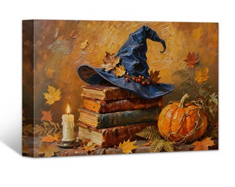 Framed Halloween Canvas Wall Art: Vintage Spooky Pumpkin Home Decor