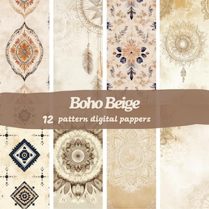 May include: A set of 12 digital papers featuring beige and brown boho patterns. The patterns include dreamcatchers, mandalas, geometric shapes, and floral designs.