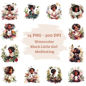 14 aquarel klein zwart meisje mediteren clipart, zwart meisje clipart bundel, modieus meisje, Afro-Amerikaanse Afrikaanse mooie babymeisje