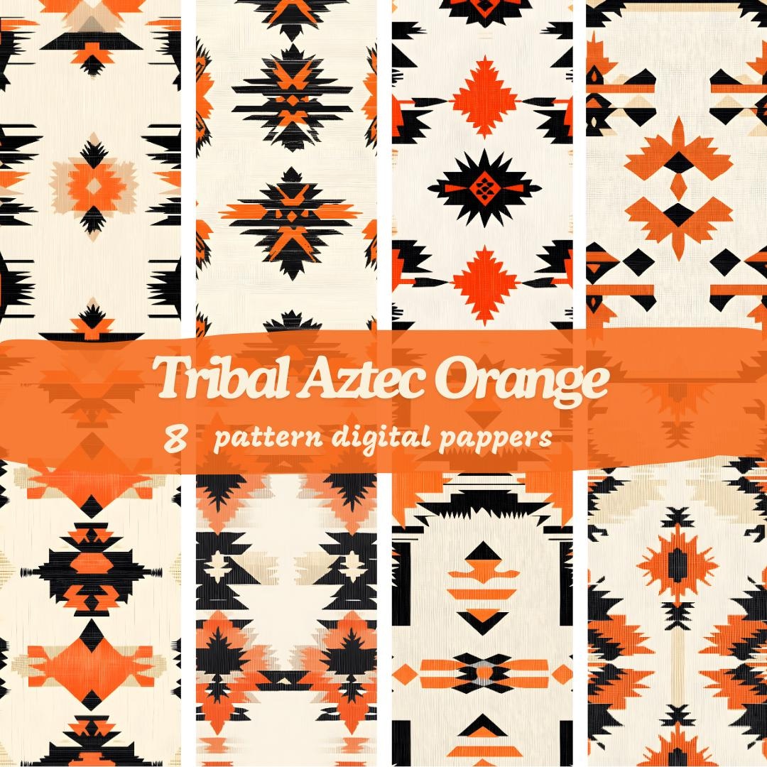 Tribal Aztec Pattern Digital Paper: Orange Motifs (JPG Instant Download ...