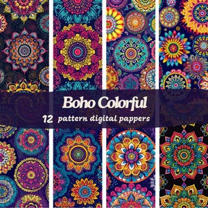 Könnte beinhalten: Zwölf bunte digitale Papiermuster mit filigranen Mandala-Designs in Blautönen, Rot, Gelb, Grün und Lila. Die Muster eignen sich perfekt für Bastel-, Scrapbooking- und digitale Designprojekte.