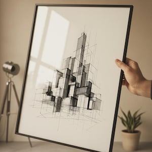 Może przedstawiać: Czarny, oprawiony szkic architektoniczny. Grafika przedstawia szczegółowy rysunek piórem i tuszem pejzażu miejskiego z geometrycznymi kształtami i liniami. Wydruk jest trzymany, prezentując projekt grafiki i czarną ramę.