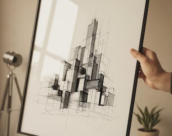 May include: Black framed architectural sketch print. The artwork features a detailed pen and ink drawing of a cityscape with geometric shapes and lines. The print is held up, showcasing the artwork's design and the black frame.