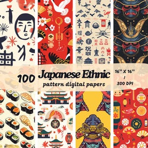 May include: A set of 100 digital paper patterns featuring Japanese ethnic designs. The patterns include red, white, and black geometric shapes, traditional Japanese architecture, and floral motifs. The patterns are 16 inches by 16 inches and 300 DPI.
