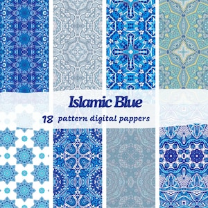 Piastrelle blu islamiche Modello etnico senza soluzione di continuità Carte digitali - carta da parati stampabile per scrapbooking jpg download immediato uso commerciale 300 dpi