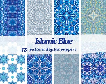 Puede incluir: 18 papeles digitales con patrones geométricos islámicos azules y blancos. Los patrones son intrincados y detallados, y serían perfectos para usar en una variedad de proyectos, como scrapbooking, creación de tarjetas y decoración del hogar.