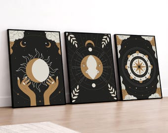 Boho Astrology Printable Wall Art Set of 3 Posters, Celestial Tarot Moon Sun Art, Mystic Wall Decor (Digital Download)