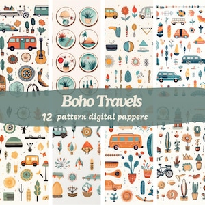 Papeles digitales impecables con estampados sin costuras de Boho Travels: papel imprimible para álbum de recortes en formato jpg, descarga instantánea, uso comercial, 300 ppp