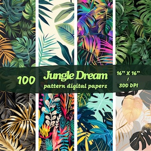 Può includere: Una collezione di 100 carte digitali con vivaci motivi di foglie tropicali. I disegni presentano varie tonalità di verde, oro, blu e rosa. Il testo recita "Jungle Dream" con dimensioni di 40,64 cm x 40,64 cm e 300 DPI.