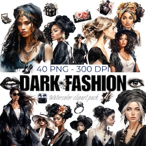 MODA PRETA-ESCURA, 40 clipart em aquarela, png, 300 dpi, Ilustração de moda, Livros de moda, Lindas mulheres negras, Gráficos de moda feminina