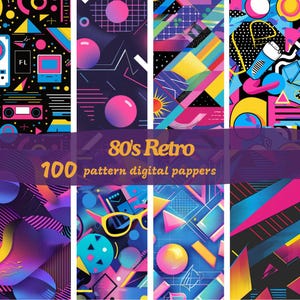 May include: A set of 80's retro digital papers featuring geometric shapes, bright colors, and neon accents. The papers are perfect for creating unique and eye-catching designs.