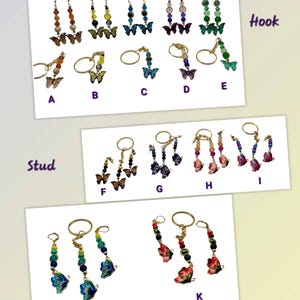 Peut inclure: Collection de boucles d'oreilles papillon, avec des modèles à crochet, à clous et à levier. Les boucles d'oreilles présentent des perles colorées et des pendentifs papillon détaillés. L'image présente une variété de couleurs et de designs, parfaits pour ajouter une touche de fantaisie.