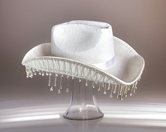 White Cowboy Hat with Rhinestone Tassels, Concert Hat, Felt Hat, Rave Hat, Bachelorette Birthday Hat, Rodeo Hat, Festival Hat, Bride Hat