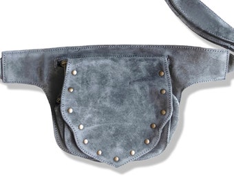 Leather Utility Pocket Belt | Grey Suede | travel belt, fanny pack, vendor belt, festival belt, burning man, ren fair, playa wear, dog