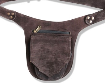 Unisex Leather Festival Pocket Belt | Brown Suede, | travel belt, fanny pack, vendor belt, festival belt, burning man, dog walker bag