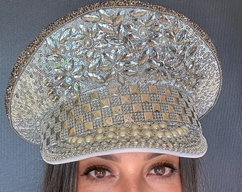 Sombrero de pedrería de plata personalizado / sombrero de lentejuelas, sombrero de capitán de fiesta, sombrero de festival, sombrero de hombre ardiente, sombrero rave, sombrero de cumpleaños, sombrero de frase personalizada