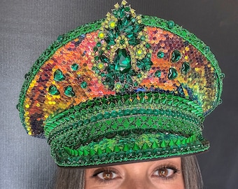 Personalized Green and Gold Rhinestone Hat, Party Captain Hat, Parade Hat, Rainbow Festival Hat, Rave Hat, Birthday Hat, Custom Word Hat