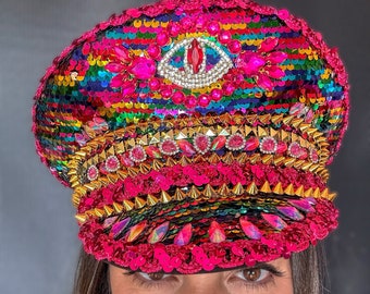 Personalized 3rd Eye Pink Rainbow Rhinestone Hat, Jazz Fest Hat, Party Captain Hat, Sequin Festival Hat, Rave Hat, Birthday Hat, Custom Hat