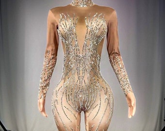 Crystal Rhinestone Jumpsuit / Silver Nude Diamond Bodysuit / Sparkly Britney Spears Costume Festival Catsuit / Disco Dance Performer Outfit