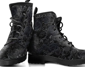 Black Roses Dew Drops Vegan Leather Lace Up Boots | Graphic Shoes, Artistic