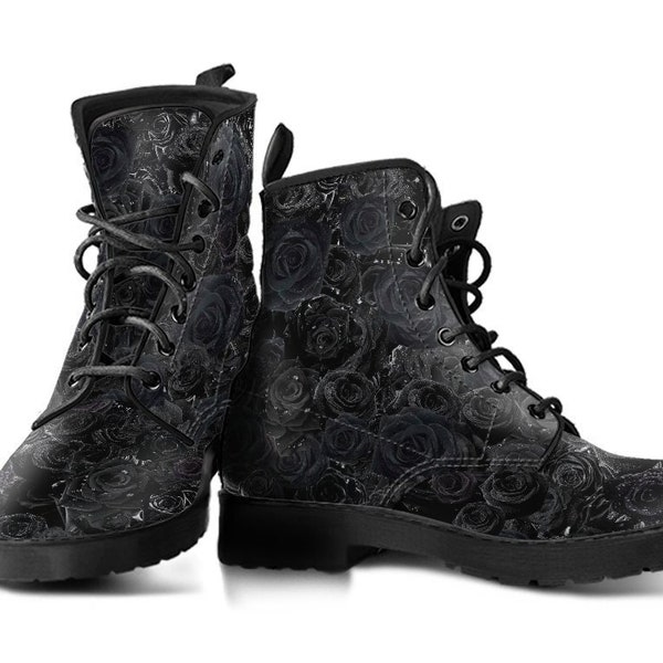 Schwarze Rosen Dew Drops Vegan Leder Schnürstiefel | Grafische Schuhe, Künstlerisch