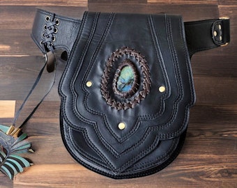 Leather Holster Style Belt with Labradorite Stone, Double Pocket, Genuine Leather, Festival Belt, Pocket Holster, Utility Holster Fanny Pack