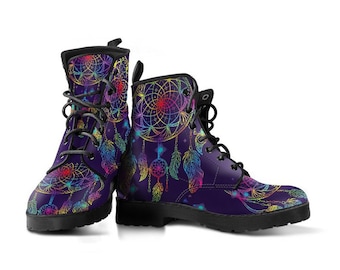 Purple Dreamcatcher Vegan Leather Lace Up Boots | All Season Boot | Handmade Crafted Combat Boot Lace Up Boot | Graphic Shoes, Artistic