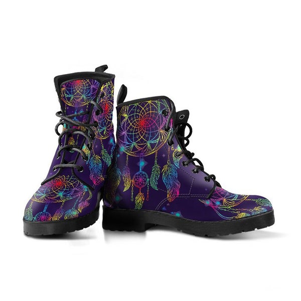 Purple Dreamcatcher Vegan Leather Lace Up Boots | All Season Boot | Handmade Crafted Combat Boot Lace Up Boot | Graphic Shoes, Artistic