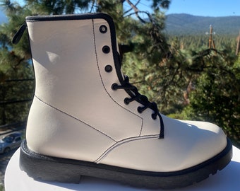 Pearl White Vegan Leather Lace Up Boots | All Season Boot | Handmade Crafted Combat Boot Lace Up Boot | Graphic Shoes, Artistic