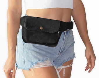 Unisex Leather Utility Belt | Black Suede, 2 Pocket | travel, burning man, festival, hands-free style | flask holder