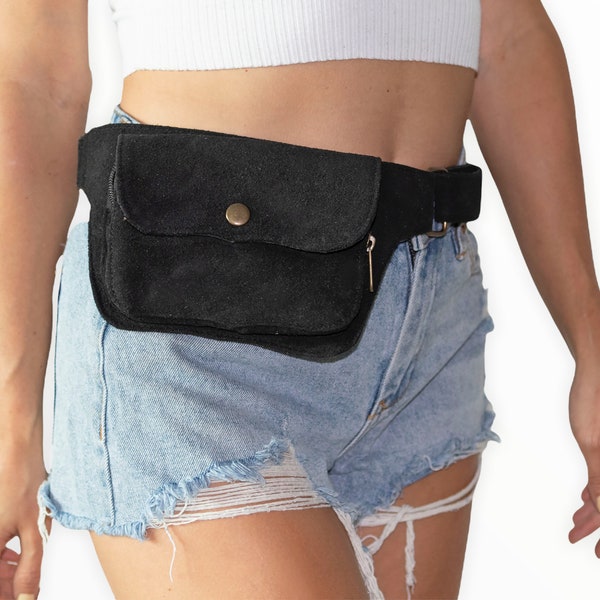 Unisex Leather Utility Belt | Black Suede, 2 Pocket | travel, burning man, festival, hands-free style | flask holder