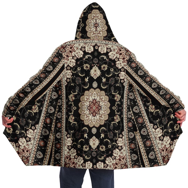 Classic Black Persian Carpet Cuddle Cloak | Unisex Minky Hooded Coat, Festival Coat, Recycled Fabric from water bottles & Eco-Friendly Ink