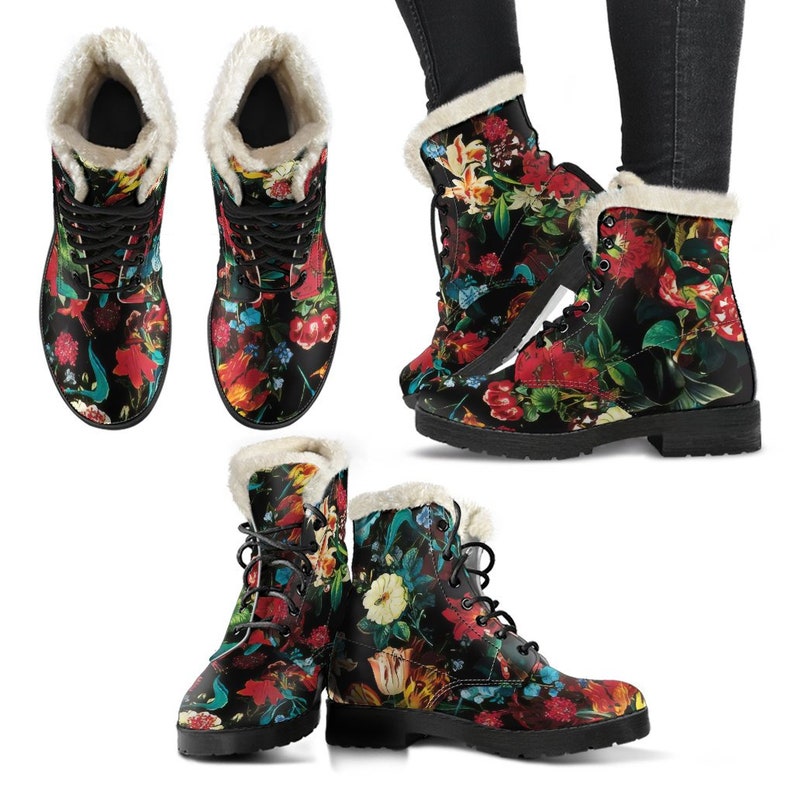Flower Festival Vegan Leather Boots with Faux Fur Lining Winter Boots Custom Leather Boots, Handmade Crafted COMFY, GREAT TRACTION image 2