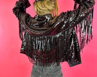 Unisex Personalized Black Sequin Jacket, Disco Jacket, Tassel Jacket, Fringe jacket, Tinsel Jacket, Western Jacket, Custom Word Party Jacket