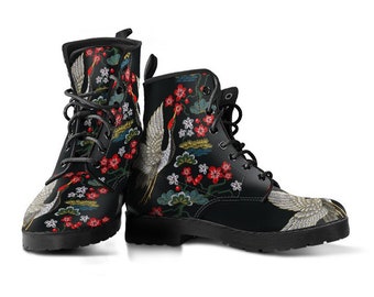 Crane And Fauna Vegan Leather Lace Up Boots | All Season Boot | Handmade Crafted Combat Boot Lace Up Boot | Graphic Shoes, Artistic