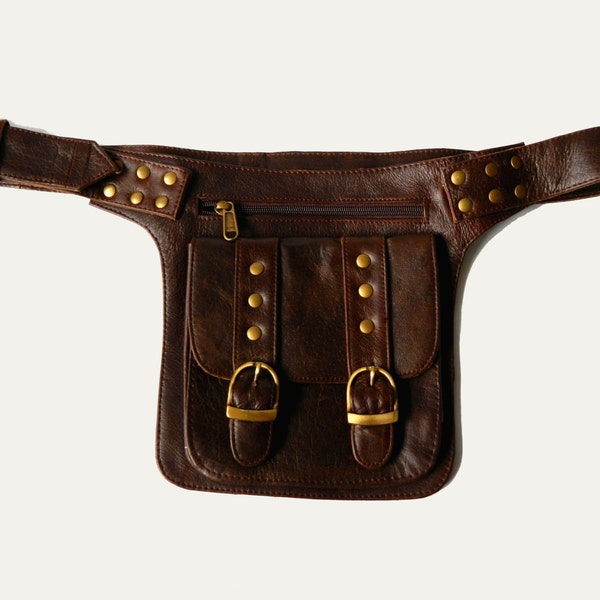 Unisex Leather Utility Belt - brown - 3 large pockets, travel, burning man, festivals, hands-free style