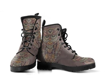 Woodland Owl Women's Leather Boots | All Season Boot | Handmade Crafted Combat Boot Lace Up Boot | Graphic Shoes, Artistic