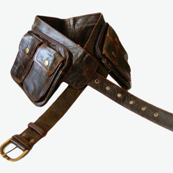 Unisex Leather Utility Belt - brown - 10 large pockets, travel, burning man, festivals, hands-free style