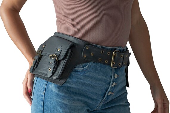 Black Genuine Leather Utility Belt 4 Pocket Pocket Belt Leather