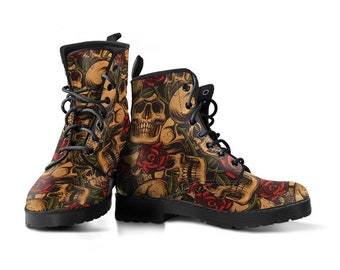 Earthy Roses And Skulls Vegan Leather Lace Up Boots | All Season Boot | Handmade Crafted Combat Boot Lace Up Boot | Graphic Shoes, Artistic