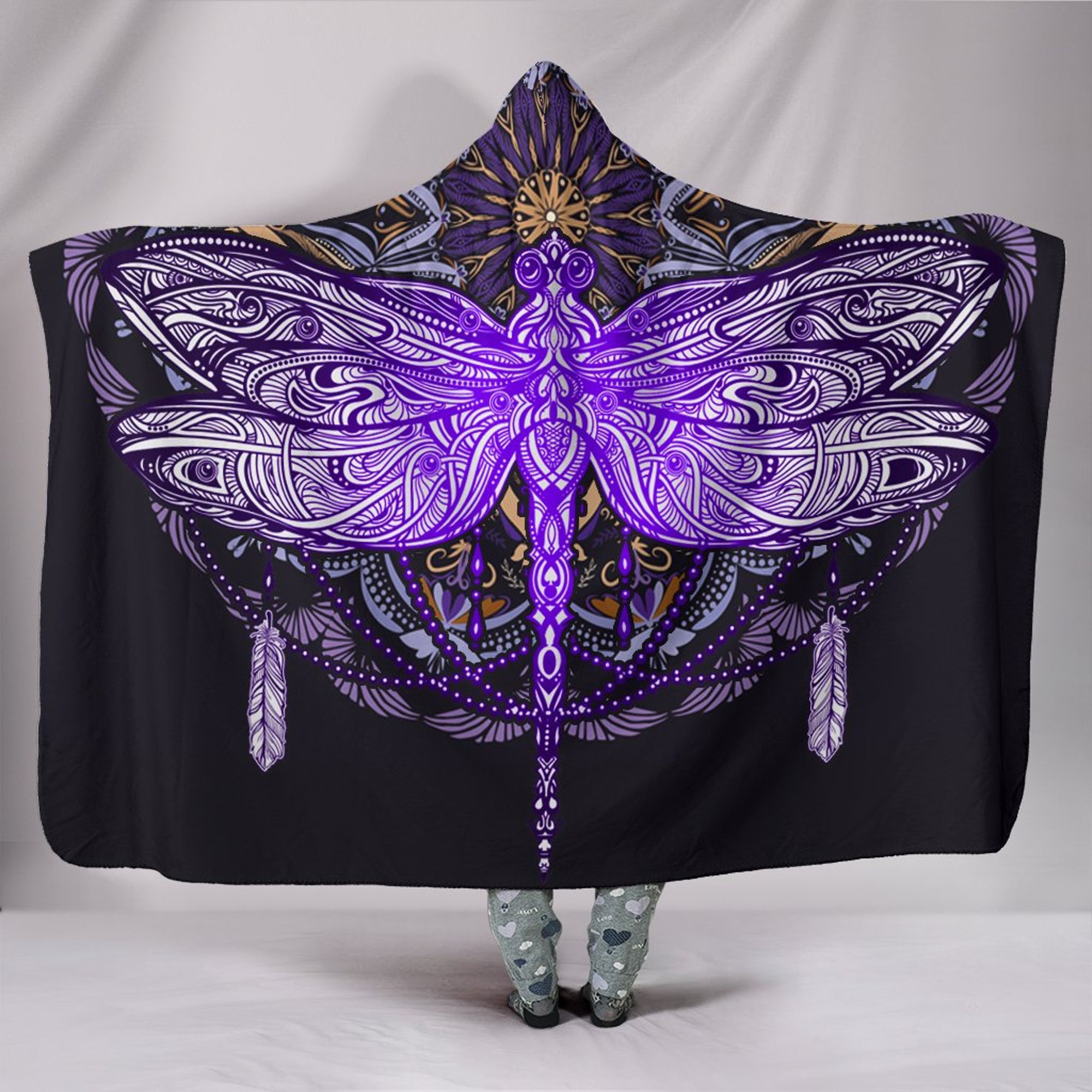 Discover Purple Dragonfly Mandala Hooded Blanket